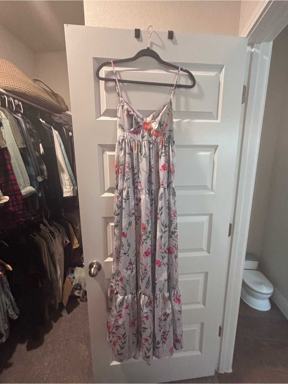 Floral Spaghetti-Strap Maxi Dress - light blue with Pink Floral
